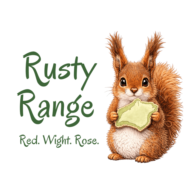 Rusty Range by with a picture of a red Squirrel holding an Isle of Wight shape alongside.