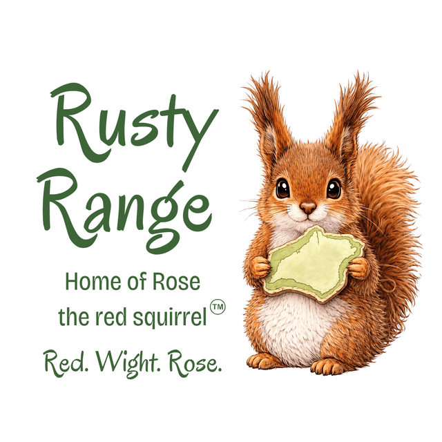Rusty Range by with a picture of a red Squirrel holding an Isle of Wight shape alongside.
